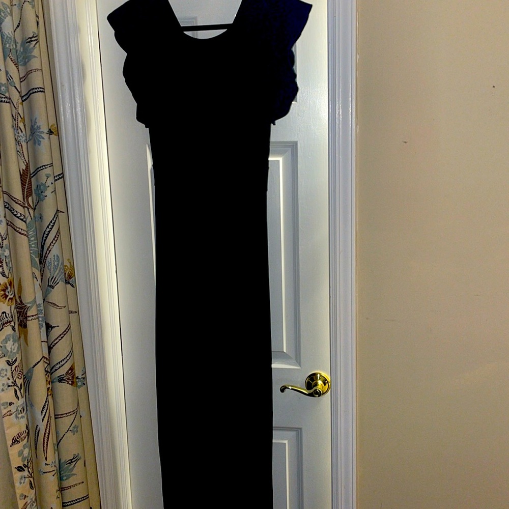 Navy blue jumpsuit size L 12–14 flowy sleeves wide flow pants zipup back w/bow